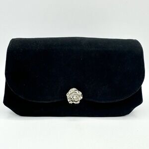 Vintage Black Clutch Handbag Purse Rose Rhinestone Latch Accordian Expands